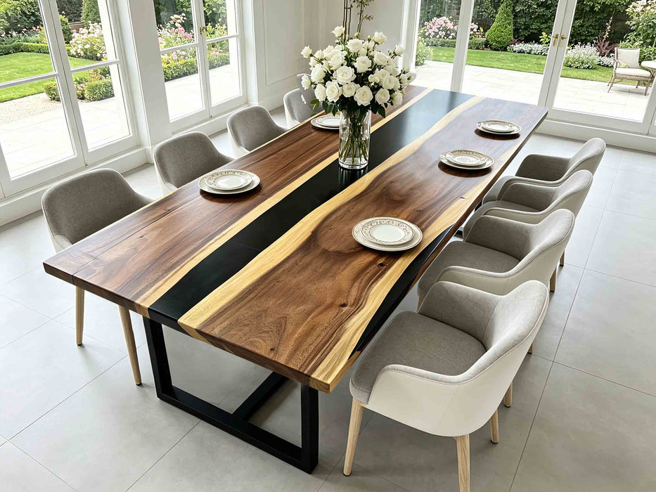 California modern walnut table featuring a sleek black resin center strip.