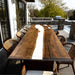 California modern style walnut river table with white epoxy resin inlay.