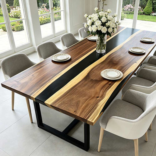 Modern California home featuring a walnut dining table with a black resin center design.