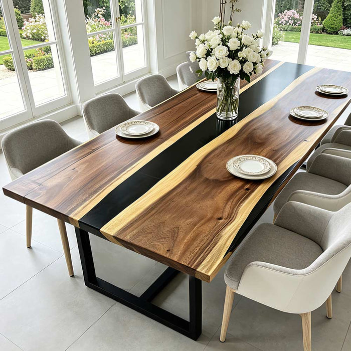 Modern California home featuring a walnut dining table with a black resin center design.