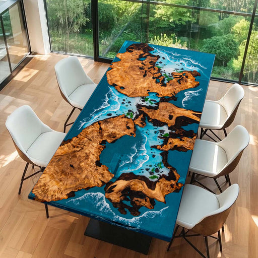 Cedar burl and ocean blue epoxy resin table with coastal wave design
