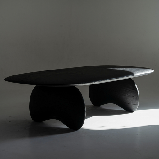 Modern black pine wood dining table with sculptural crescent-shaped legs.