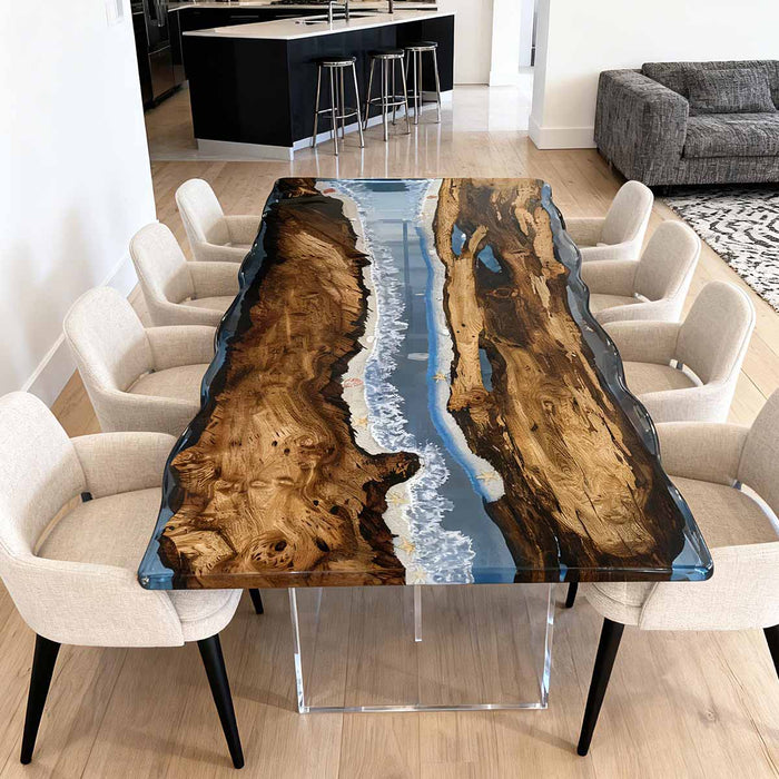 Dining table with natural wood design in a modern living room