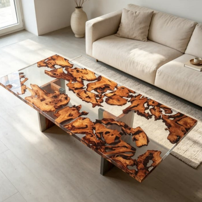 natural burl wood dining table with transparent epoxy resin