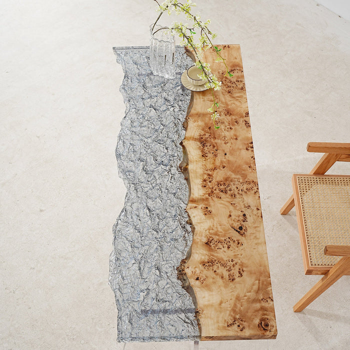 Clear resin ice wave table featuring burl wood slab and polished acrylic base