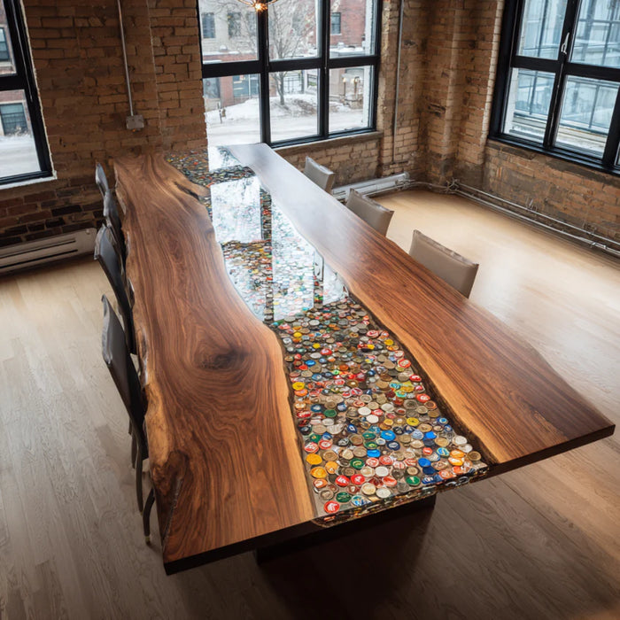 Dining table with a unique design featuring bottle caps embedded in the wood.