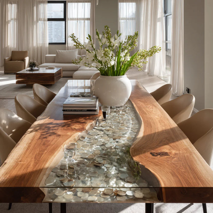 modern black walnut wood clear epoxy table for living spaces in new york