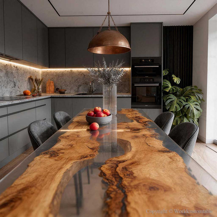 clear river resin flowing through olive wood epoxy dining table detail