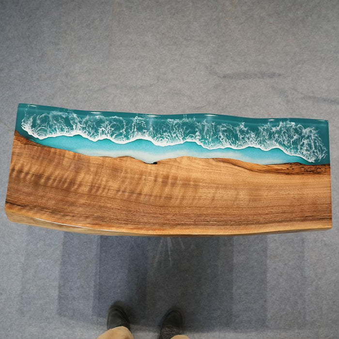 coastal black walnut console table with ocean wave resin