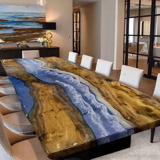 Coastal blue resin river dining table in modern Miami home interior
