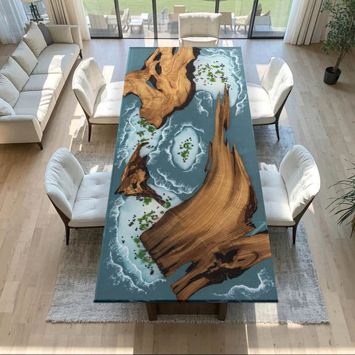 Coastal style epoxy resin river table for modern dining room
