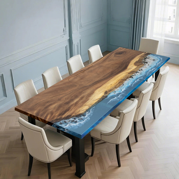 Handcrafted walnut coastal resin river table with translucent ocean epoxy