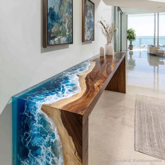 Coastal style epoxy waterfall entry table with natural wood grain