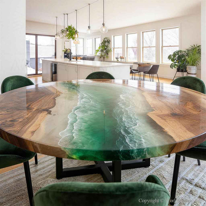 Green ocean wave resin round dining table for coastal inspired interior design