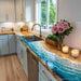 Coastal kitchen countertop made of live edge walnut with ocean wave epoxy resin, modern farmhouse island
