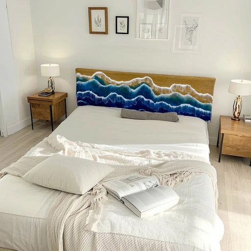 Coastal epoxy resin bed headboard with wave patterns