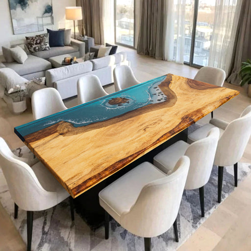 Coastal style walnut dining table with beach resin design