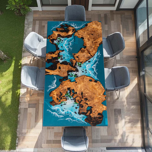 Coastal style epoxy wood table featuring blue resin and cedar burl