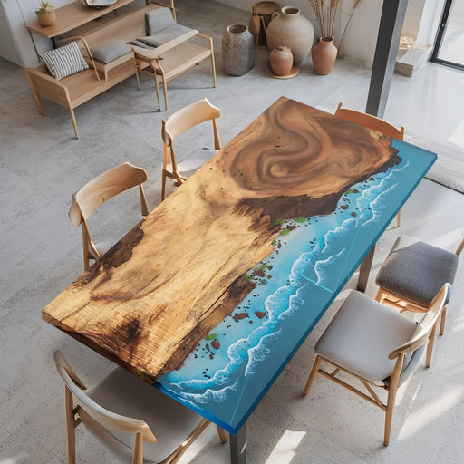 Coastal-style walnut dining table with blue epoxy river