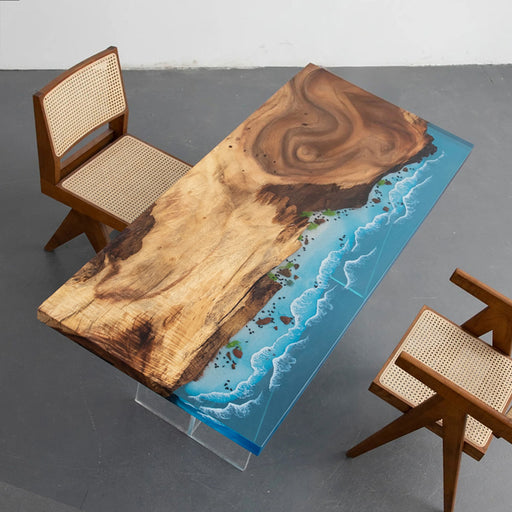Coastal-style walnut dining table with blue epoxy river