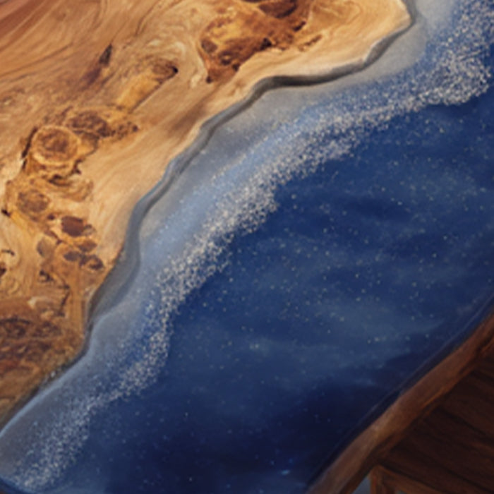 Coastal walnut resin river table featuring a beach-inspired epoxy design