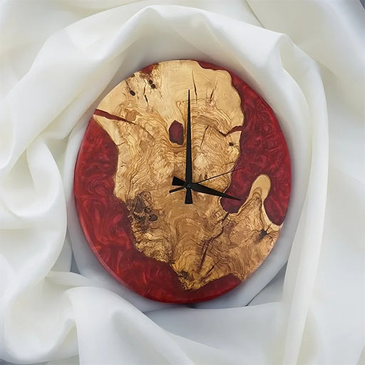 Colorful epoxy resin and olive wood wall clock for artistic interiors