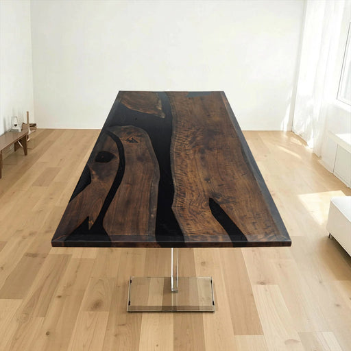 Large live edge epoxy conference table with black walnut slabs