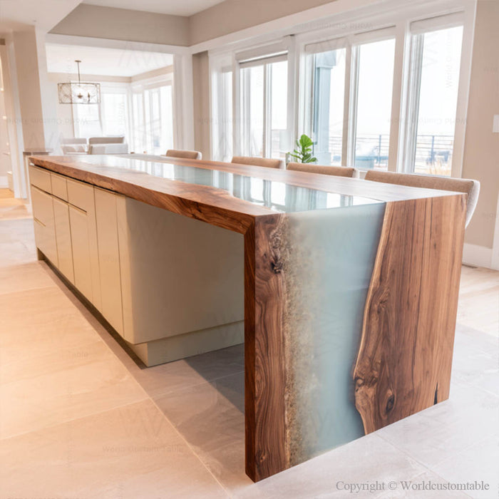 Contemporary aqua epoxy dining table displayed as centerpiece