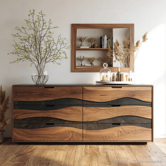 Contemporary black epoxy dresser showcasing detailed craftsmanship and drawer functionality