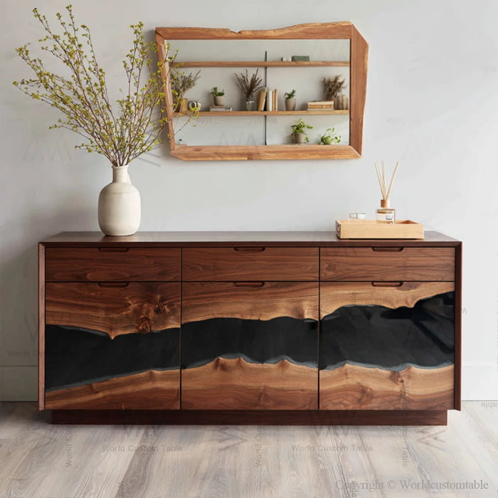 Contemporary epoxy cabinet showing drawer functionality and craftsmanship