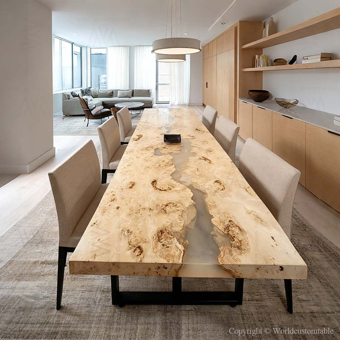 Contemporary epoxy dining table styled in kitchen and dining area