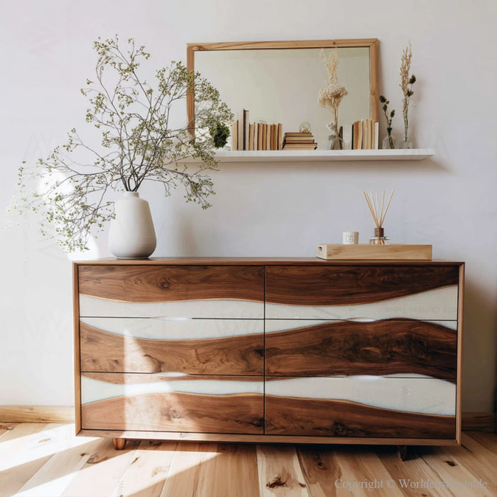 Contemporary epoxy dresser showing detailed craftsmanship and drawer functionality