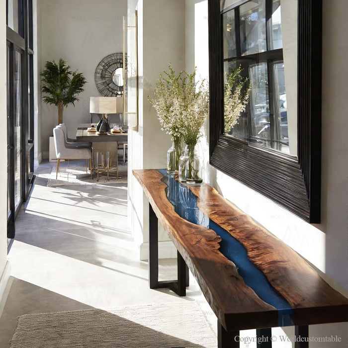 Epoxy console table displayed in a contemporary home interior