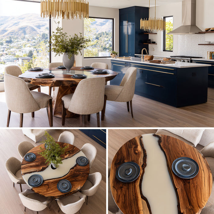 Modern kitchen with a wooden dining table and chairs, featuring a scenic view.