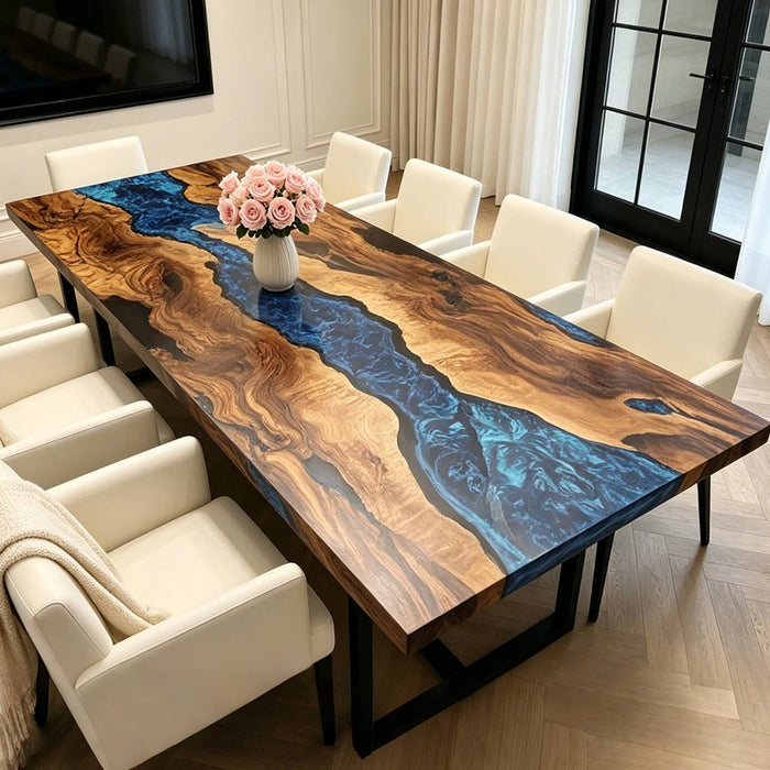Contemporary walnut table with glossy blue epoxy resin river