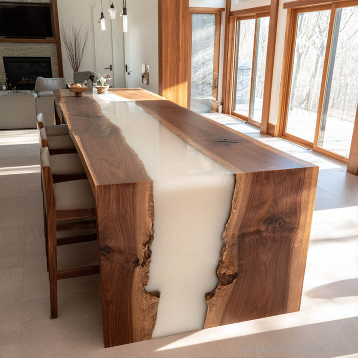 Contemporary white epoxy dining table displayed as centerpiece