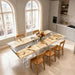 Dining table with a natural wood finish in a modern kitchen setting