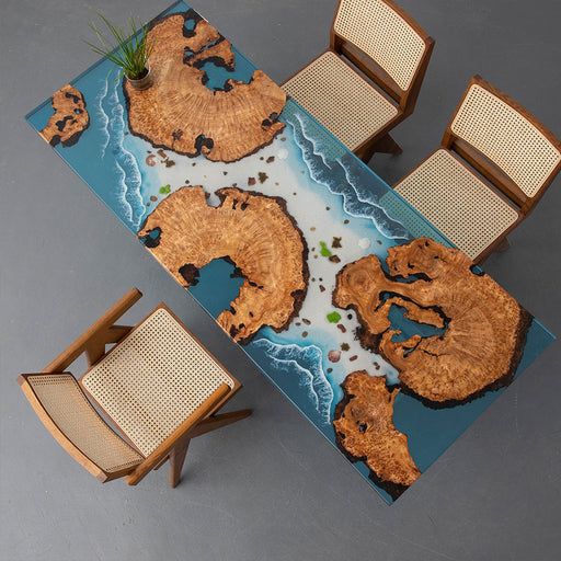 Top view of Cunninghamia burl ocean epoxy resin table with tropical wave textures
