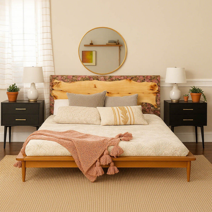 Wooden bed with floral headboard in a bedroom setting