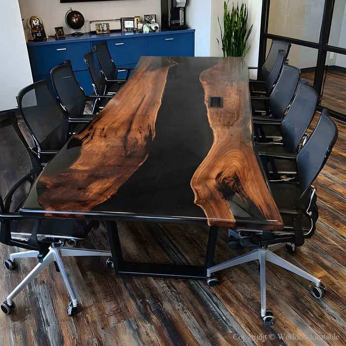 Custom black resin conference table handcrafted for luxury office furniture and professional meetings