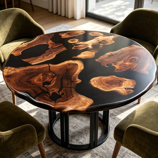 Modern walnut black epoxy tabletop with natural wood texture and premium handcrafted resin finish