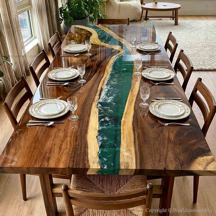 Dining table with a unique design featuring a river of green glass running through it, set for a meal.