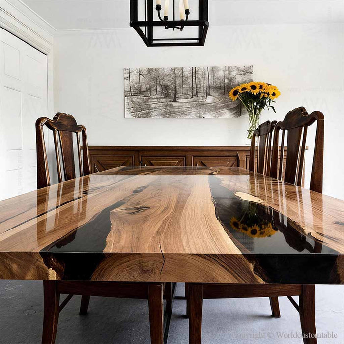 Custom black walnut epoxy dinning table in dining room