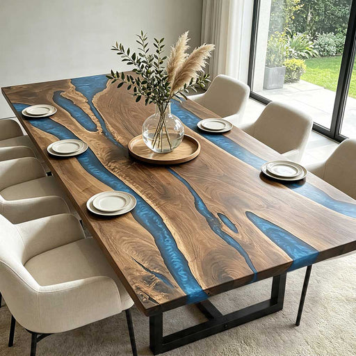 Custom handmade black walnut epoxy river dining table with unique grain patterns and smooth finish.