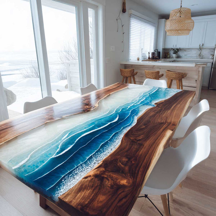 Dining table with blue resin design in a modern kitchen