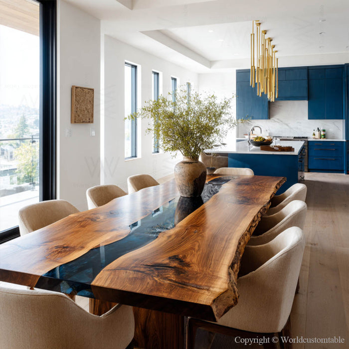Custom handcrafted black walnut live edge table with black resin.