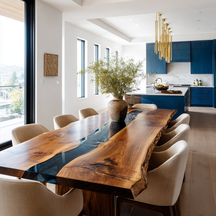 Custom handcrafted black walnut live edge table with black resin.