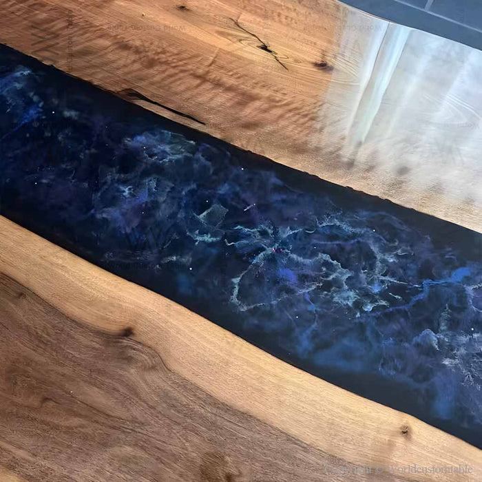 Custom black walnut resin table with cosmic design for contemporary home decor