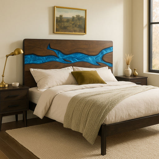 Bedroom with wooden bed frame featuring blue resin design, nightstands, and decor.