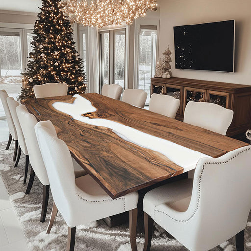 Custom black walnut dining table with white resin river design